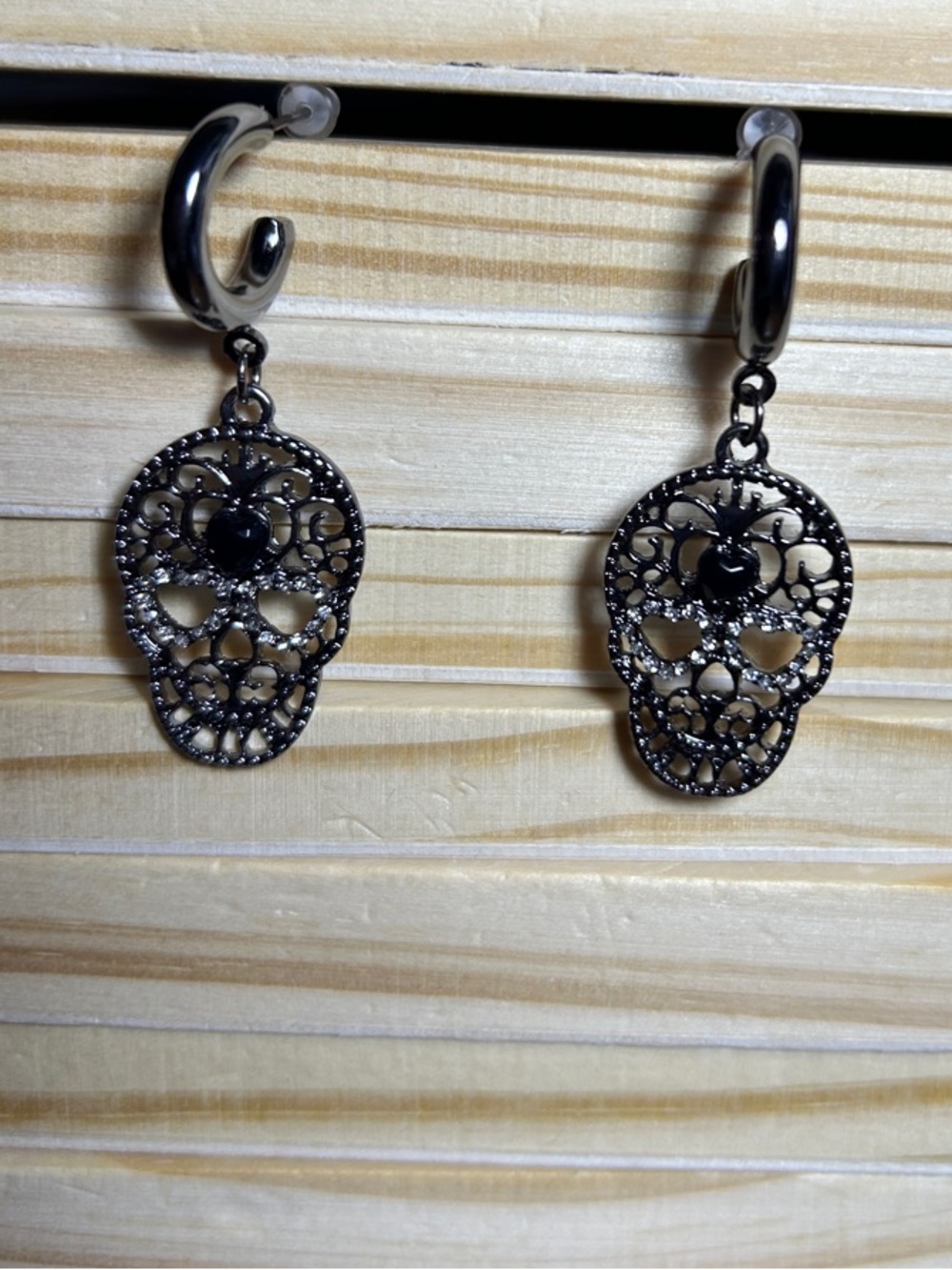 3/$25 Delicate Black Filigree Skull Hoop Earrings